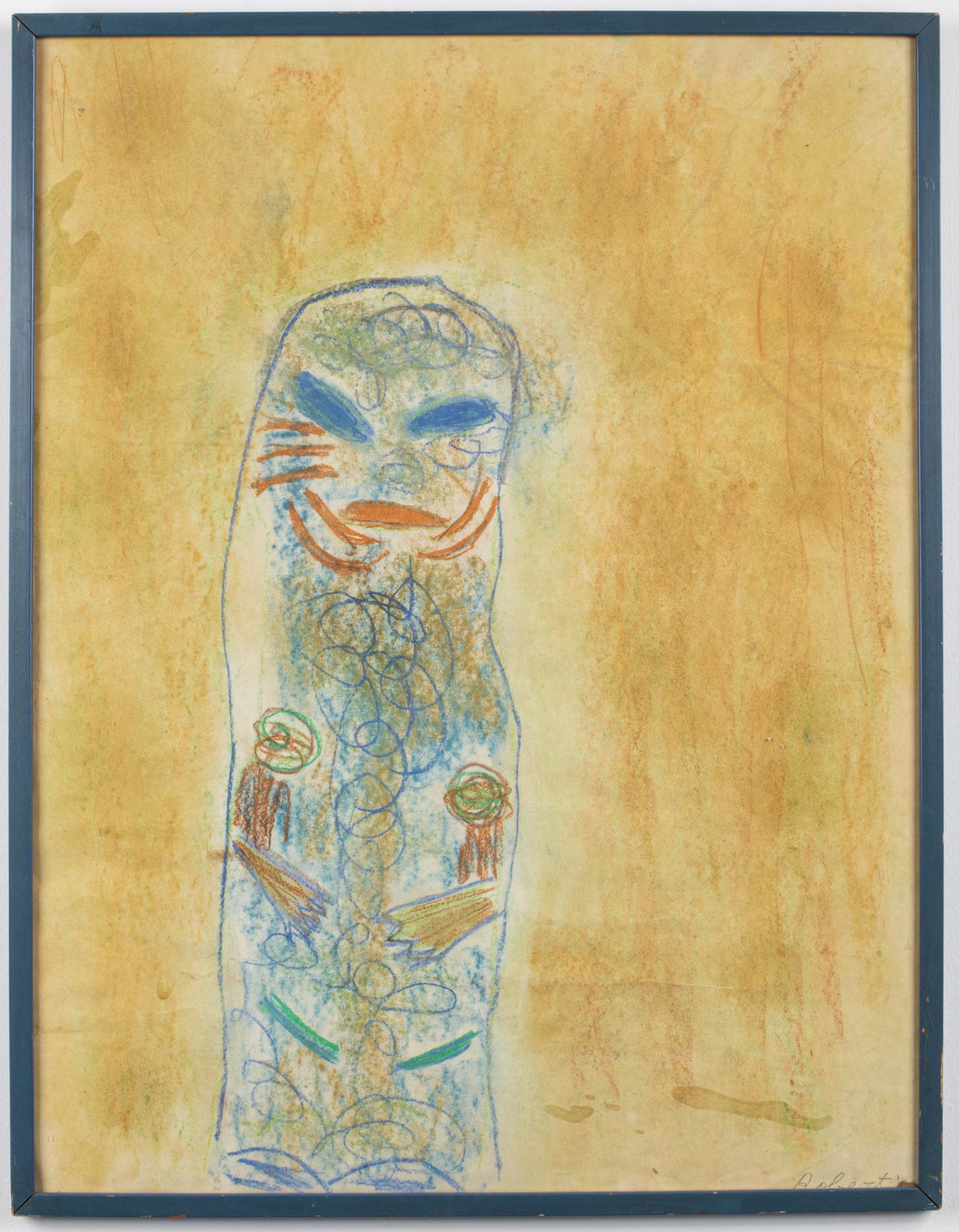 Outsider Art Pastel on Paper: Pastel on paper of a child-like totem figure, signed and dated lower right: "Robert, '64," Image: 24.5" H x 18.75" W, frame: 25.5" H x 19.75" W. Water damage to paper noted.