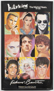 Richard Berstein Interview Magazine Exhibit Poster: Richard Bernstein exhibition poster from a Barbara Gillman Gallery (Miami, Fl) show of his work. The exhibition was titled: "Interview Magazine, The Warhol Years. - 1977-1988." Image: 35" H x 19.75"