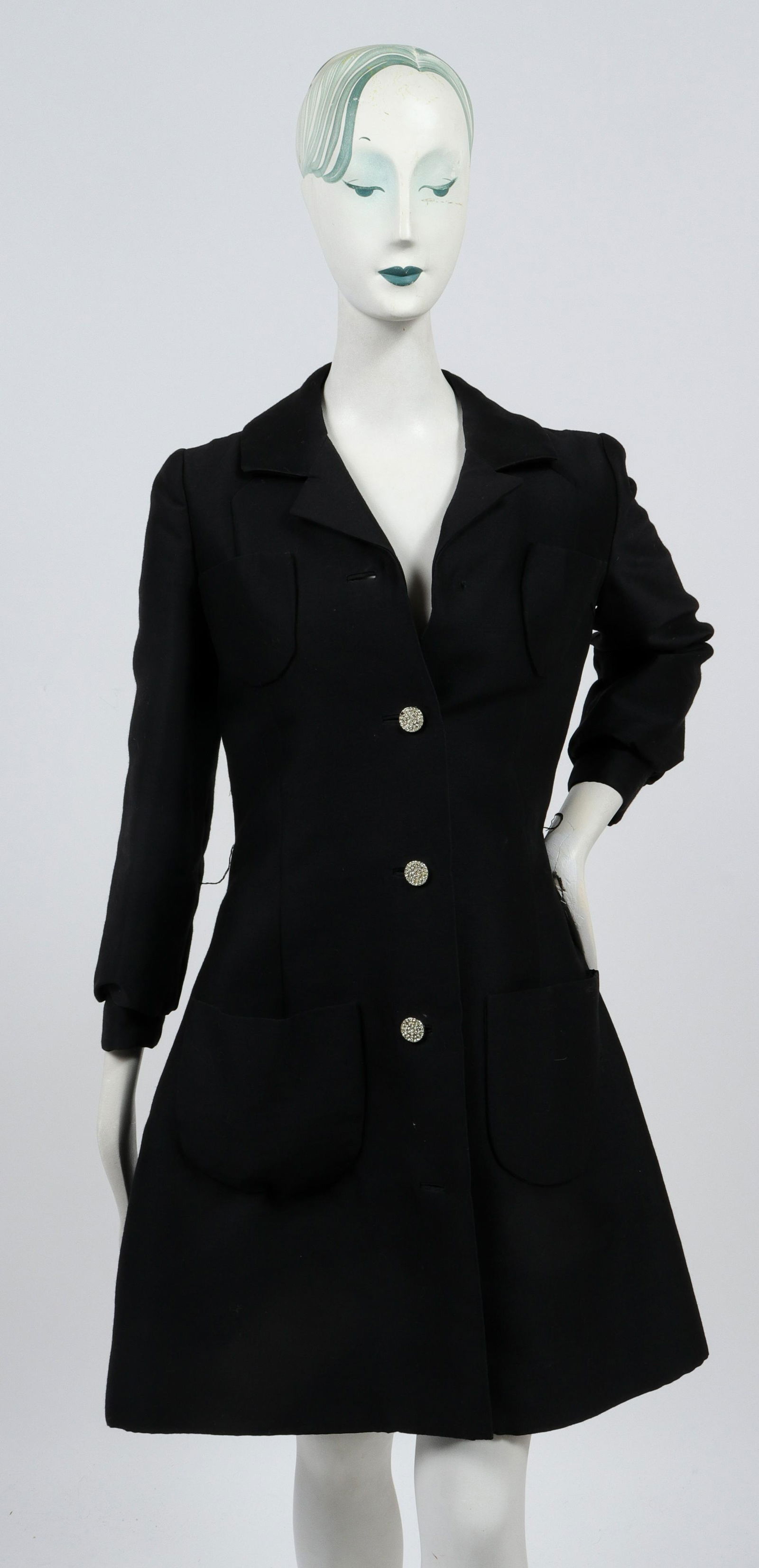 Bill Blass Long Wool Dress Coat W Crystal Buttons (1 of 7)