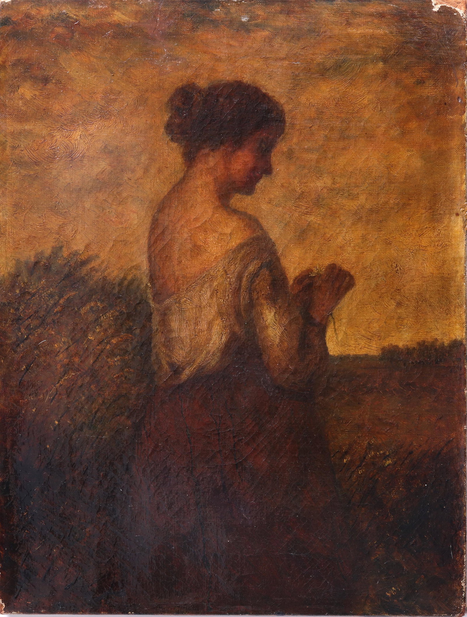 Continental School Portrait of Woman Oil on Canvas: Continental school oil on canvas depicting portrait of woman holding flower in saturnine landscape, unframed. 17" H x 13" W. Losses in upper right and lower left corners, craquelure throughout.