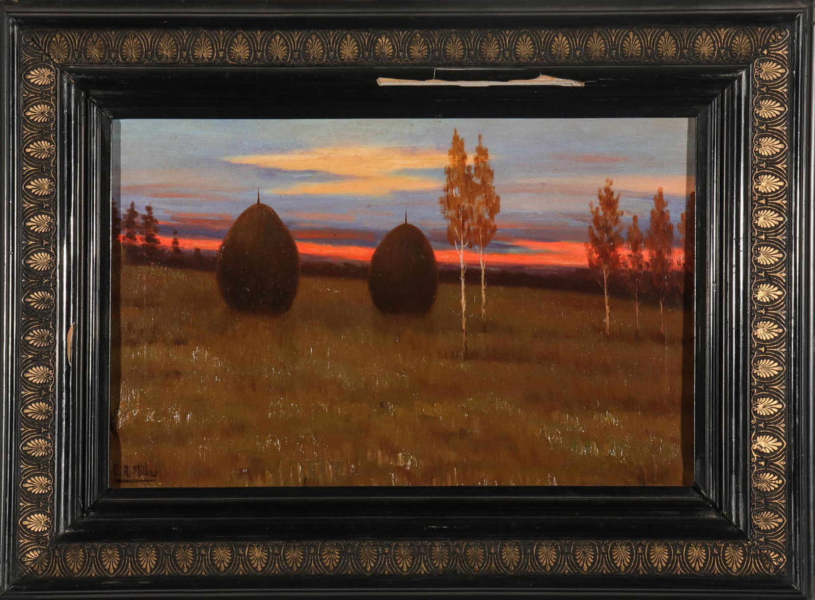 E.R. Miller "Haystacks at Sundown" Oil on Canvas (1 of 4)