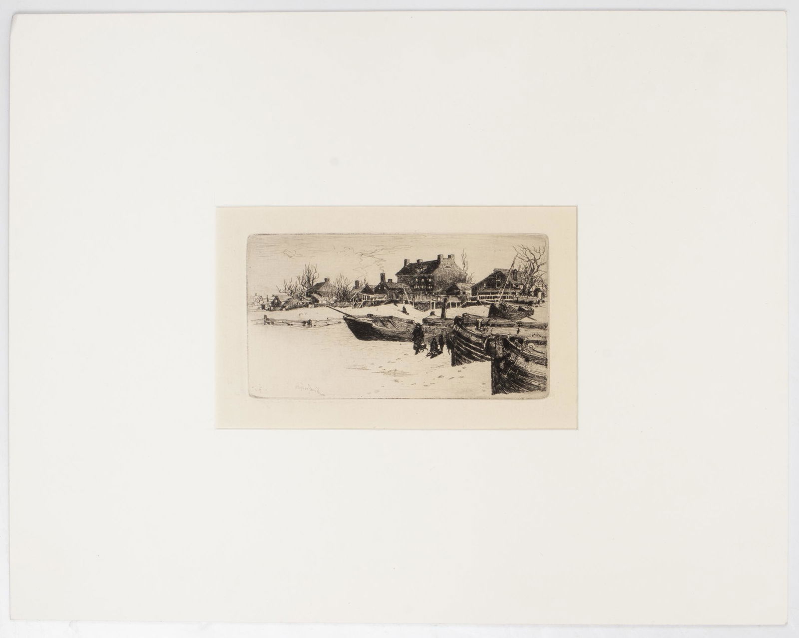 Stephen Parrish "Trenton-Winter" Etching: Stephen Parrish (American, 1846 - 1938), "Trenton - Winter," etching on paper, signed in print with additional signature in pencil lower right. Image: 4" H x 6.5" W; sheet: 9.25" H x 12" W.