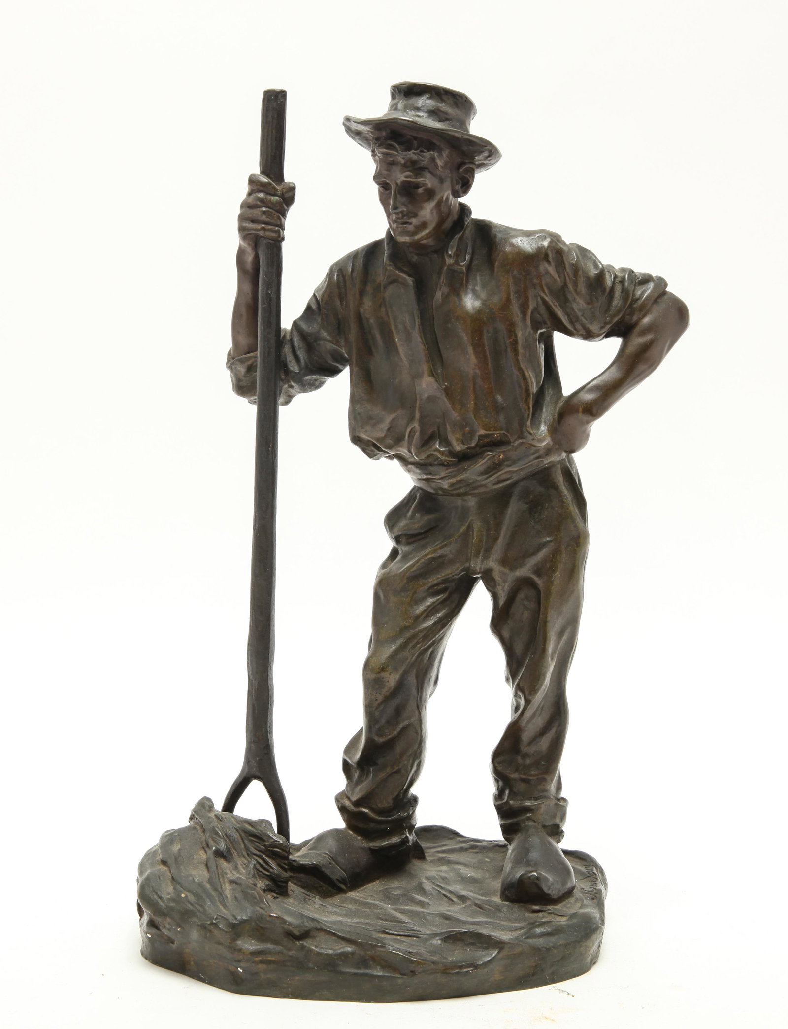 J. Cardong Bronze Model Of A Farmer: J. Cardong bronze model of a farmer, 20th century, the farmer in a contemplative moment leaning on his hoe, signed to base "J. Cardong" and "FRANCE". 13" H x 7.5" W x 5.5" D.