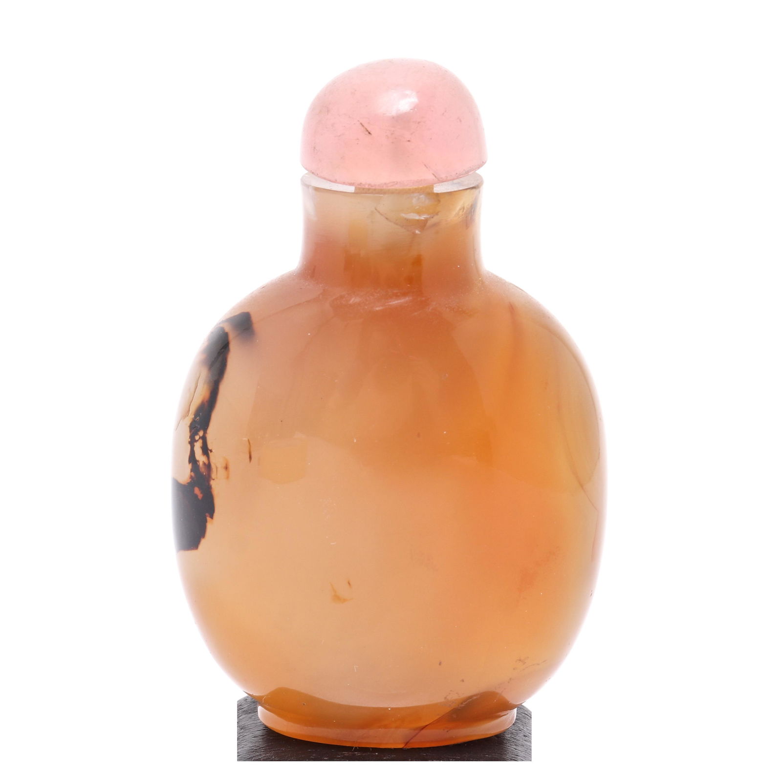 Chinese Rose Quartz & Carnelian Snuff Bottle: Chinese rose quartz and carnelian snuff bottle, 20th century, stopper with spoon. 3.5” H. Minor chip losses to rim.