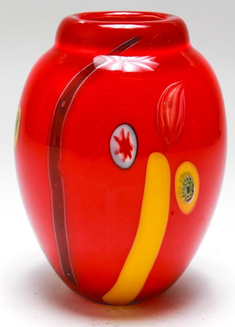 Murano Venetian Cased Glass Millefiori Vase: Murano Venetian red-cased-in-clear cherry red vase with millefiori plugs and stripes. 5.25" H.