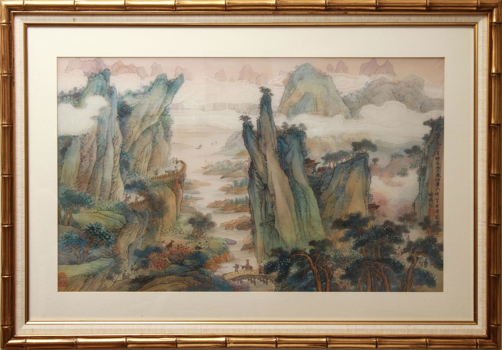 Chinese Mountain Landscape Figures Gouache on Silk (1 of 7)