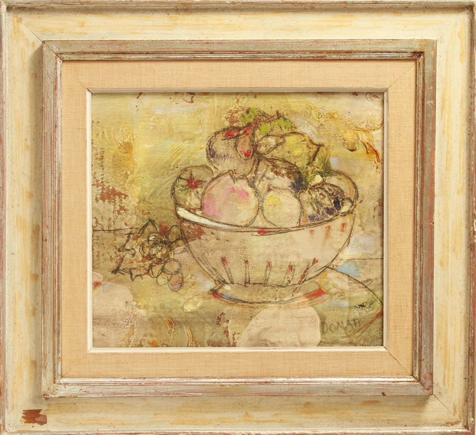 Lazzaro Donati "Still Life" Oil on Board: Lazzaro Donati (Italian, 1926-1977) "Still Life with Bowl of Fruit," signed lower right: "Donati," inscribed on reverse: "Lazzaro Donati fir eni 19 e La Frottiera in Grandore." Image: 13.25" H x 15" W