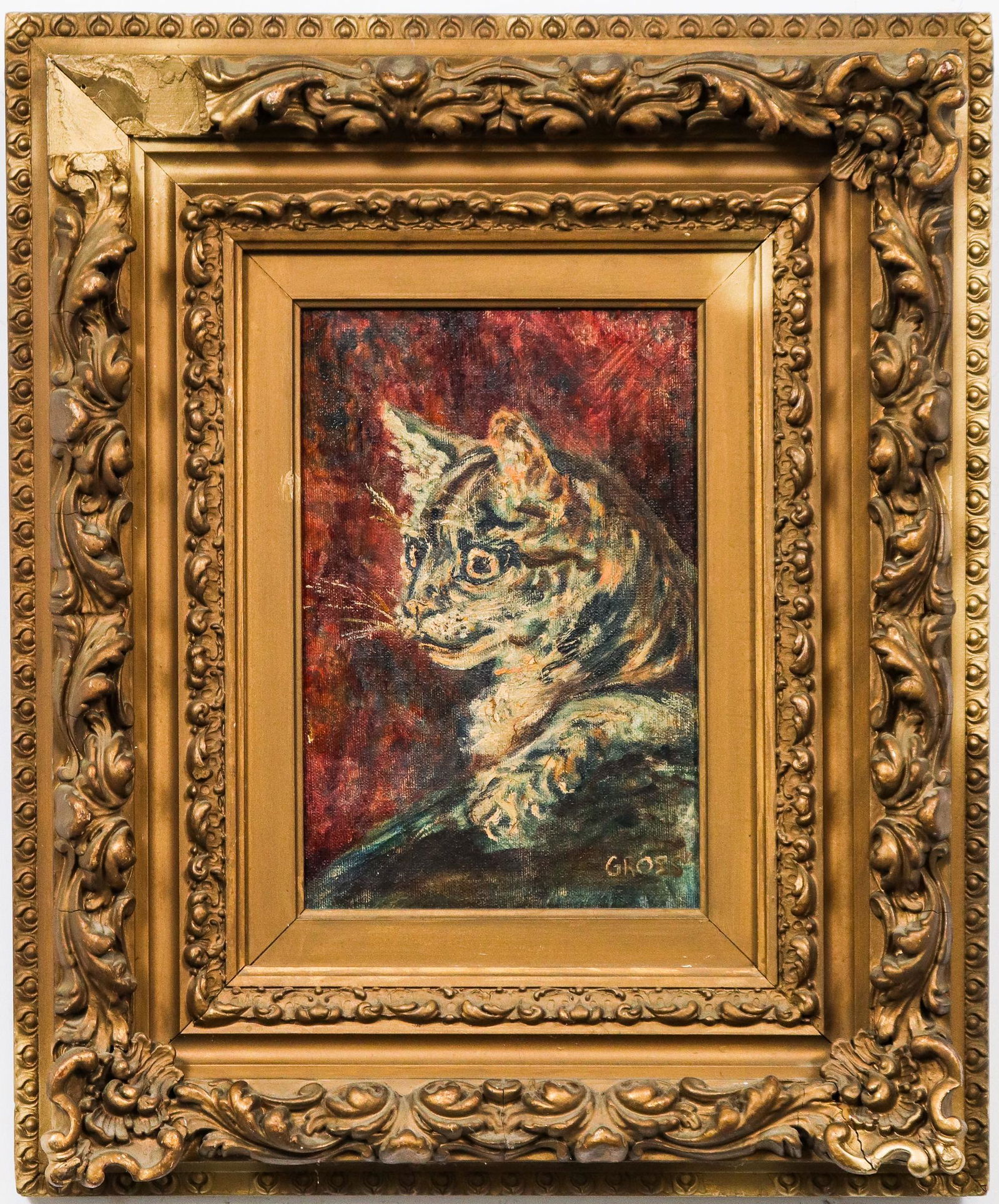 Gross Signed "Cat on Alert" Early 20th C. Oil (1 of 5)