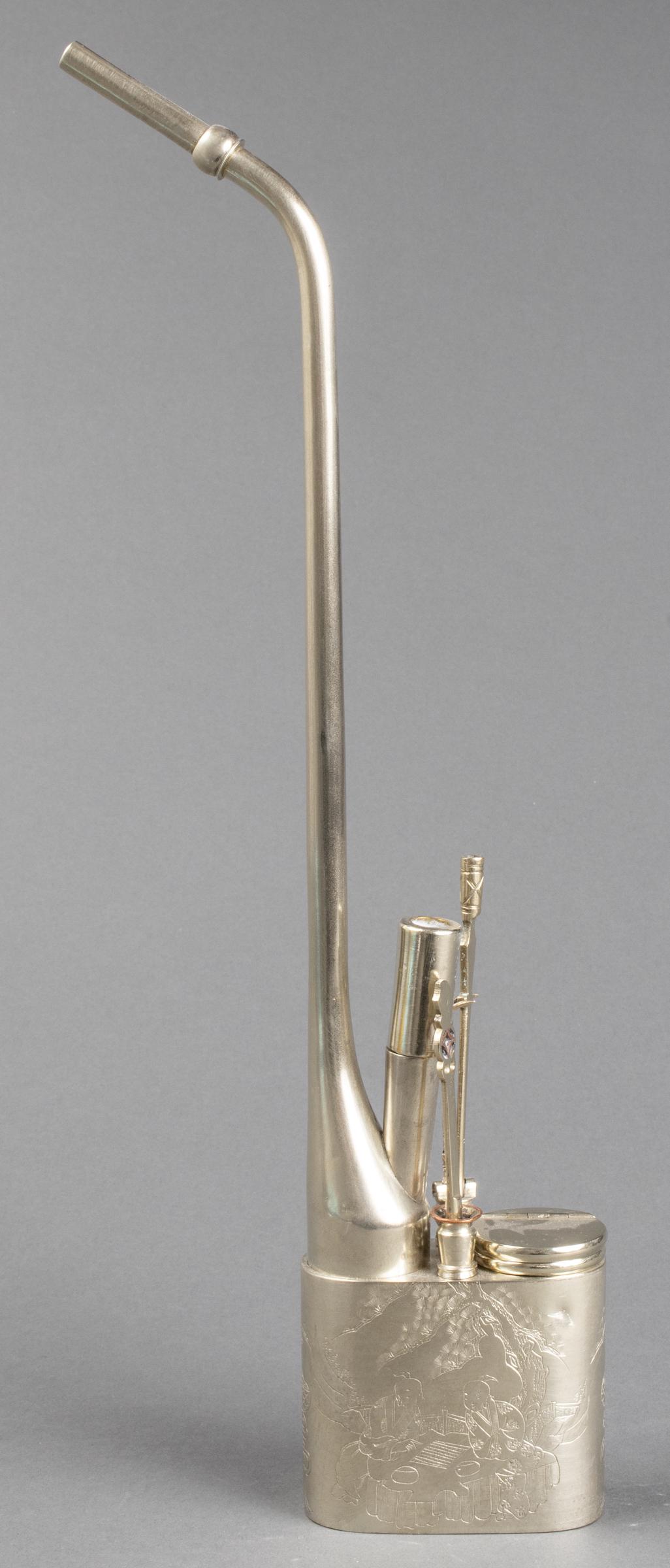 Chinese Paktong Engraved Water Pipe: Chinese Paktong water / opium pipe with engraved decoration. 15" H, base: 15" H x 3" W x 1.5" D.