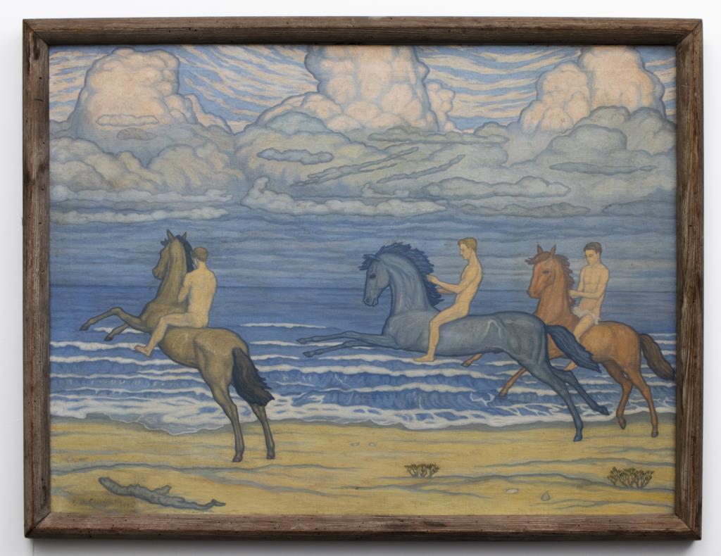Attributed to Giorgio de Chirico Oil on Canvas: Attributed to Giorgio de Chirico (Italian, 1888-1978) oil on canvas, depicting male nude figures on horseback riding along beach with dramatic sea and sky, signed and dated lower left: "G.D. Chirico 1