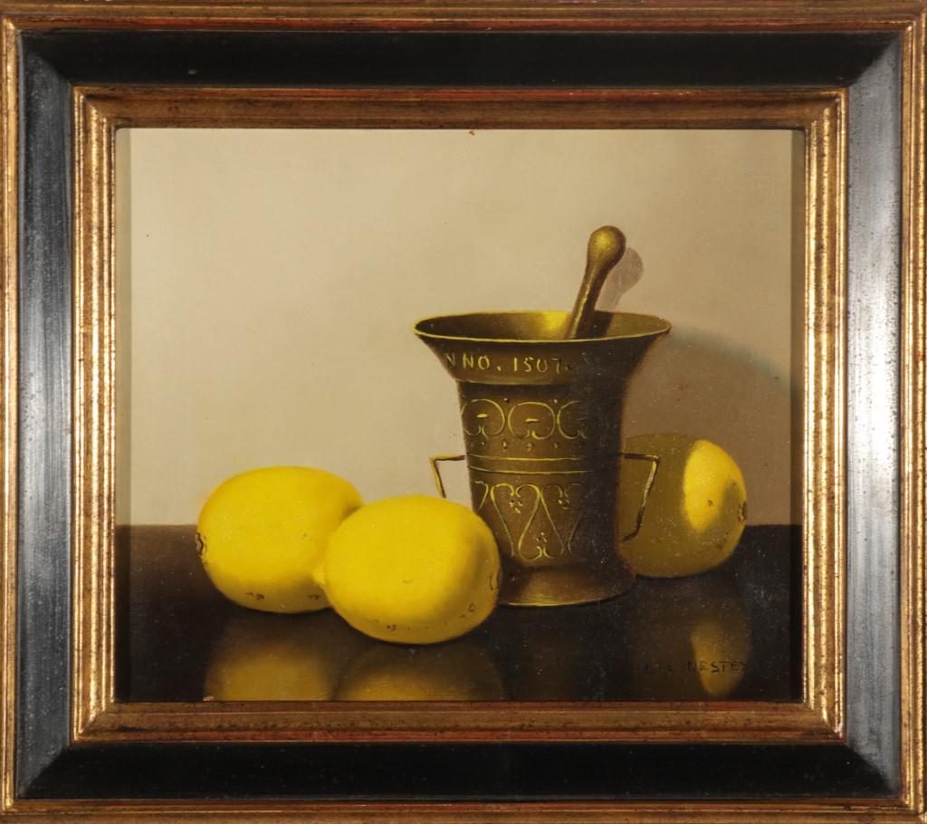 Nicolaas Bruynesteyn "Still Life with Lemons" Oil: Nicolaas (Nicholas) Bruynesteyn (Dutch, 1893-1950) "Still Life with Lemons," signed lower right: "Bruynesteyn." Image: 9.75" H x 11.75" W; frame: 14.25" H x 16.25" W x 1.25" D. Very minor blemish alon