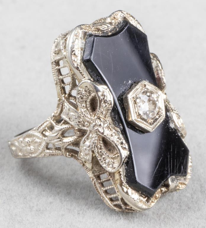 Antique Edwardian 14K White Gold Diamond Onyx Ring (1 of 6)