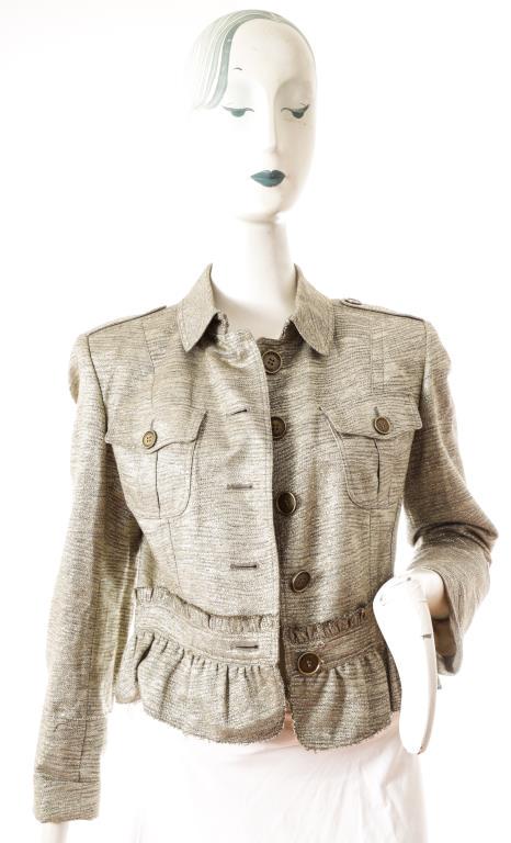 Burberry Gold-Tone Jacket: Burberry gold-tone cotton blend jacket with metallic thread details, with label "Burberry London" and marked size "US 10". Collar to hem 23”, across shoulders 16”, across chest 15.5”, shoulder t