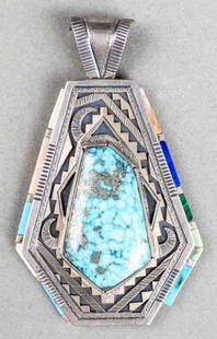 Peter Nelson Navajo Silver Colored Stone Pendant: Vintage Peter Nelson Navajo Native American sterling silver large turquoise and colored stone inlay pendant, inlaid with turquoise, coral, lapis, malachite and alabaster, central turquoise approx: 44.