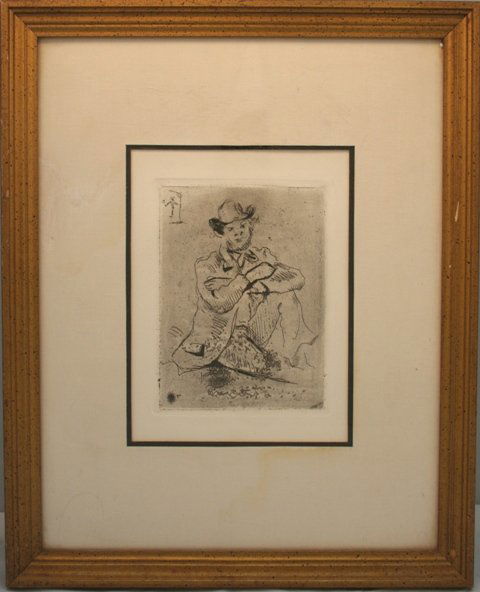 Portrait of Guillaumin Etching by Cezanne 1873: Piece titled Portrait of Guillaumin or Guillaumin Au Pendu showing a man seated with his arms folded, a friend of the artist, by Paul Cezanne (French, 1839-1906), black and white etching, ca. 1873; re