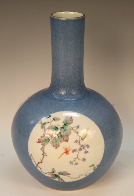 Qing-Era Chinese Famille Rose Bottle Vase : Bottle vase with globular body, elongated neck and gilded lip rim, the blue body decorated in famille-rose enamels with three round windows of flowers and insects, porcelain, China, nineteenth century