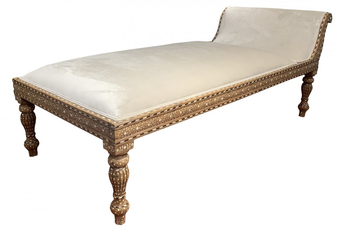 Levantine Bone Inlaid Day Bed: Levantine chaise lounge, possibly Syrian or in the Anglo-Indian manner, the bone inlaid frame with velvet upholstery to seat and backrest. 30.75" H x 76" W x 38" D.