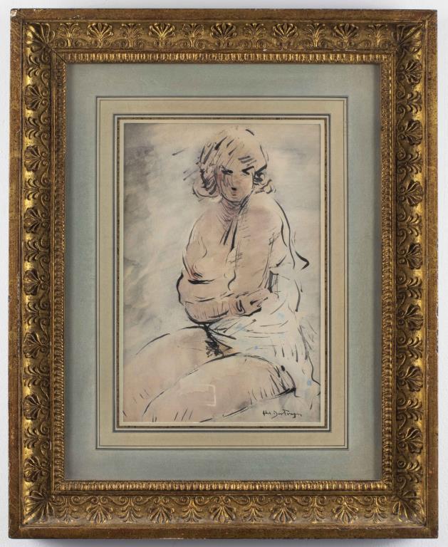 Abel Bertram "Portrait of Woman" Watercolor & Ink (1 of 6)