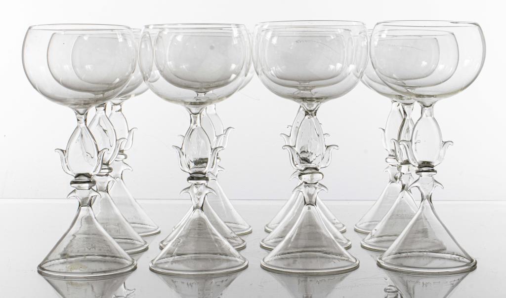 Mathias Paris Leaf Motif Crystal Wine Glasses, 11: Mathias Paris hand-blown crystal red wine glasses, set of eleven, featuring leaf motif stems, acid etched signatures to bases, one with sticker labels. 9.25" H x 4.5" diameter.