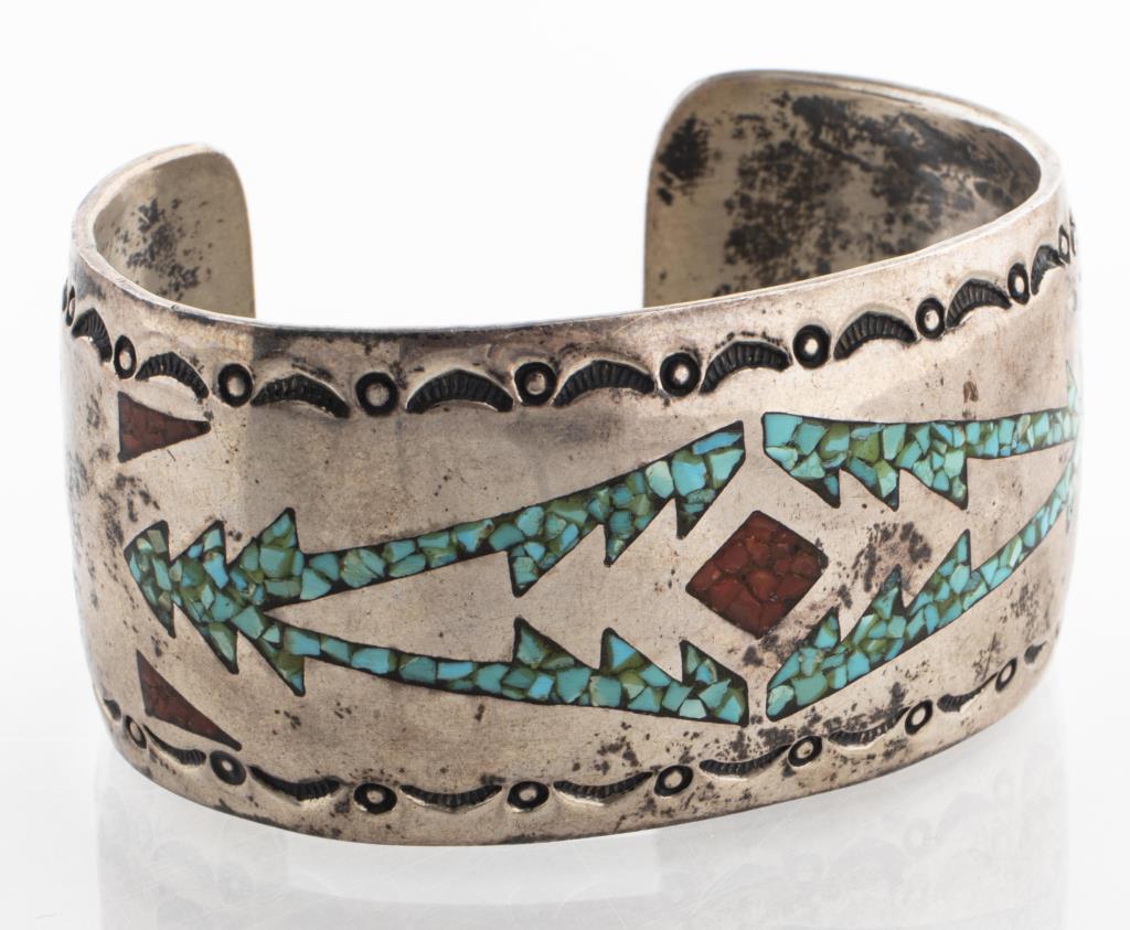 Navajo Silver Turquoise & Coral Inlay Cuff Bangle (1 of 5)