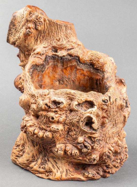 Chinese Burl-Wood Brush Pot: Chinese burl-wood brush pot of naturalistic shape, with lower and upper tiers, the lower tier with pierced section to reverse. 12.5" H x 9.5" W x 10.5" D. Provenance: From the estate of a prominent Ch