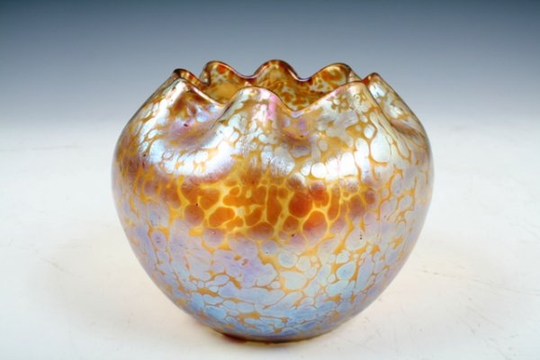 Loetz Glass Vase with Oil-Drop Glaze: Glass vase decorated with oil-drop glaze manufactured in Bohemia by the Loetz glasswork. Features an irregular, "pie-crust" rim that appears finger-pinched. Dimensions: 4-1/2"H x 5-1/2&