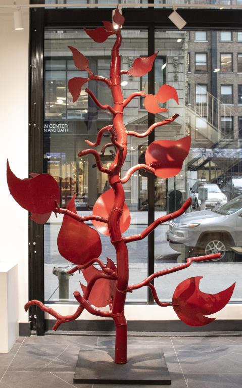 Judith Brown "Red Tree" Monumental Metal Sculpture: Judith Brown (American, 1931-1992) "Red Tree," monumental welded metal sculpture, whimsical twisting and turning form with branches bearing leaves, originally conceived as scenic design for a benefit