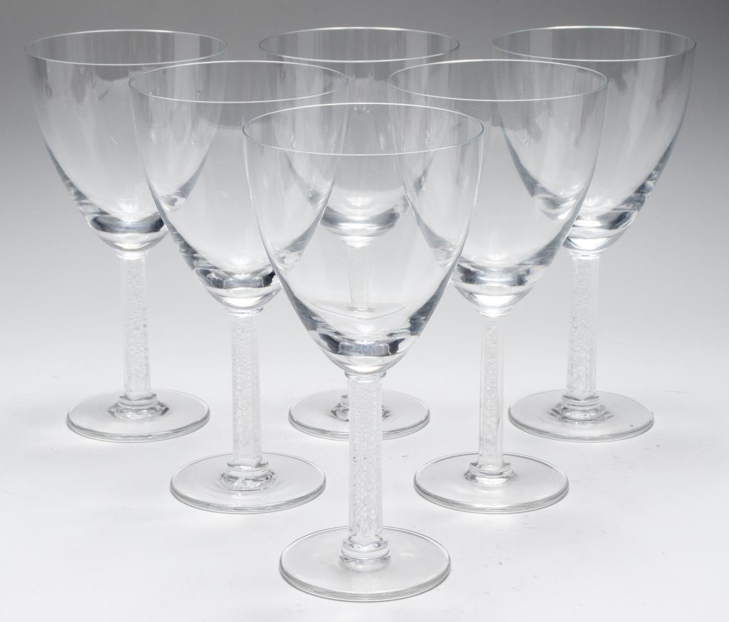 Lalique "Phalsbourg" Wine Glasses, Set of 6: Lalique "Phalsbourg" wine glasses, set of six, with frosted stems, marked underside: "Lalique France." 7.5" H x 3.75" diameter.