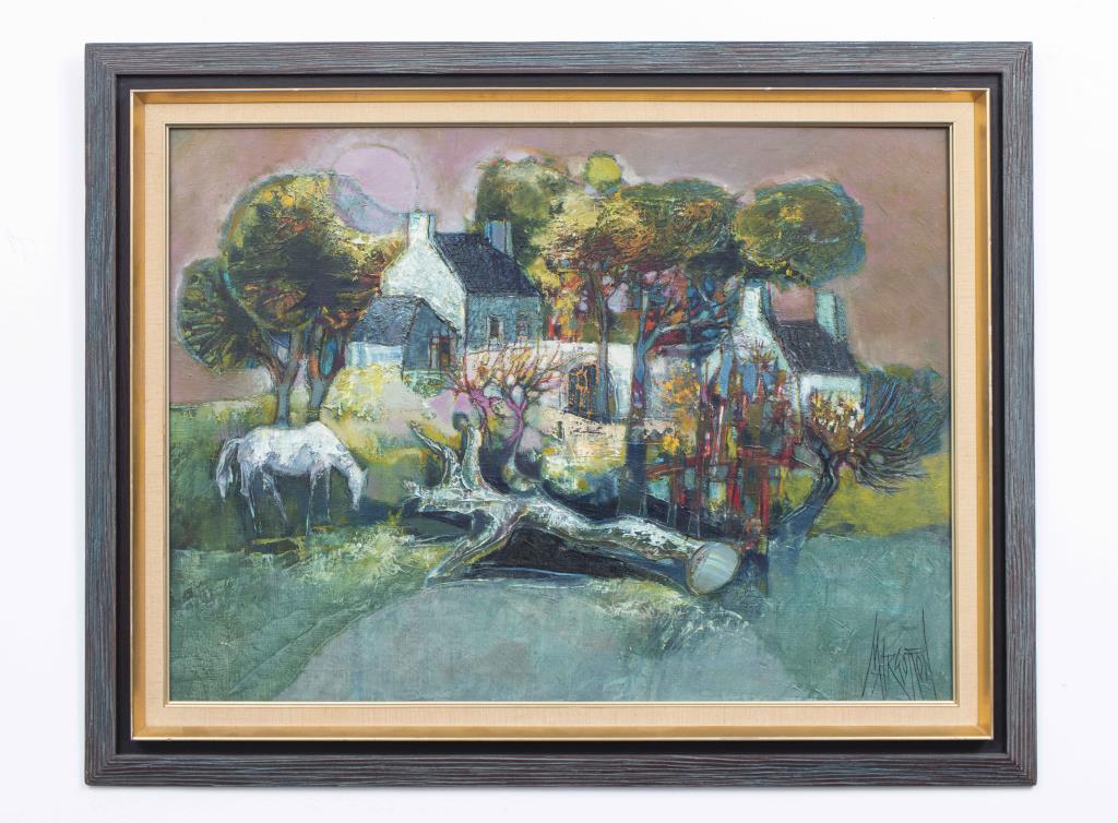 Rene Margotton "Paysage Au Cheval Blanc" Oil: Rene Margotton (French, 1915 -2009), "Paysage Au Cheval Blanc," modern oil on canvas depicting abstracted town scene with spectral impressions of a fallen tree and white horse, signed lower right, the