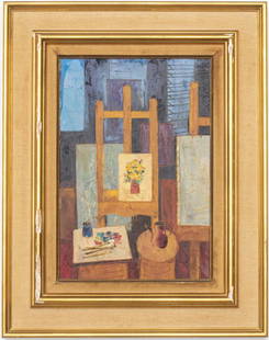 Tony Agostini "Atelier & Sill Life" Oil on Canvas: Tony Agostini (Italian, 1916-1990) "Atelier (with Still Life)," oil on canvas, depicting easel, paintings, and table with paints and brushes, signed lower right: "Agostini." Image: 13.75" H x 9" W; fr