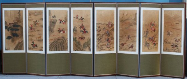 Korean Military Officer's Mongolia Hunting Screen : Eight panel military officer's tiger hunting screen with landscape of Mongolia, Korea, ca. pre-1950; unmarked. In spite of the Mongols' brutal occupation of Korea in the thirteenth Century, Koreans ma