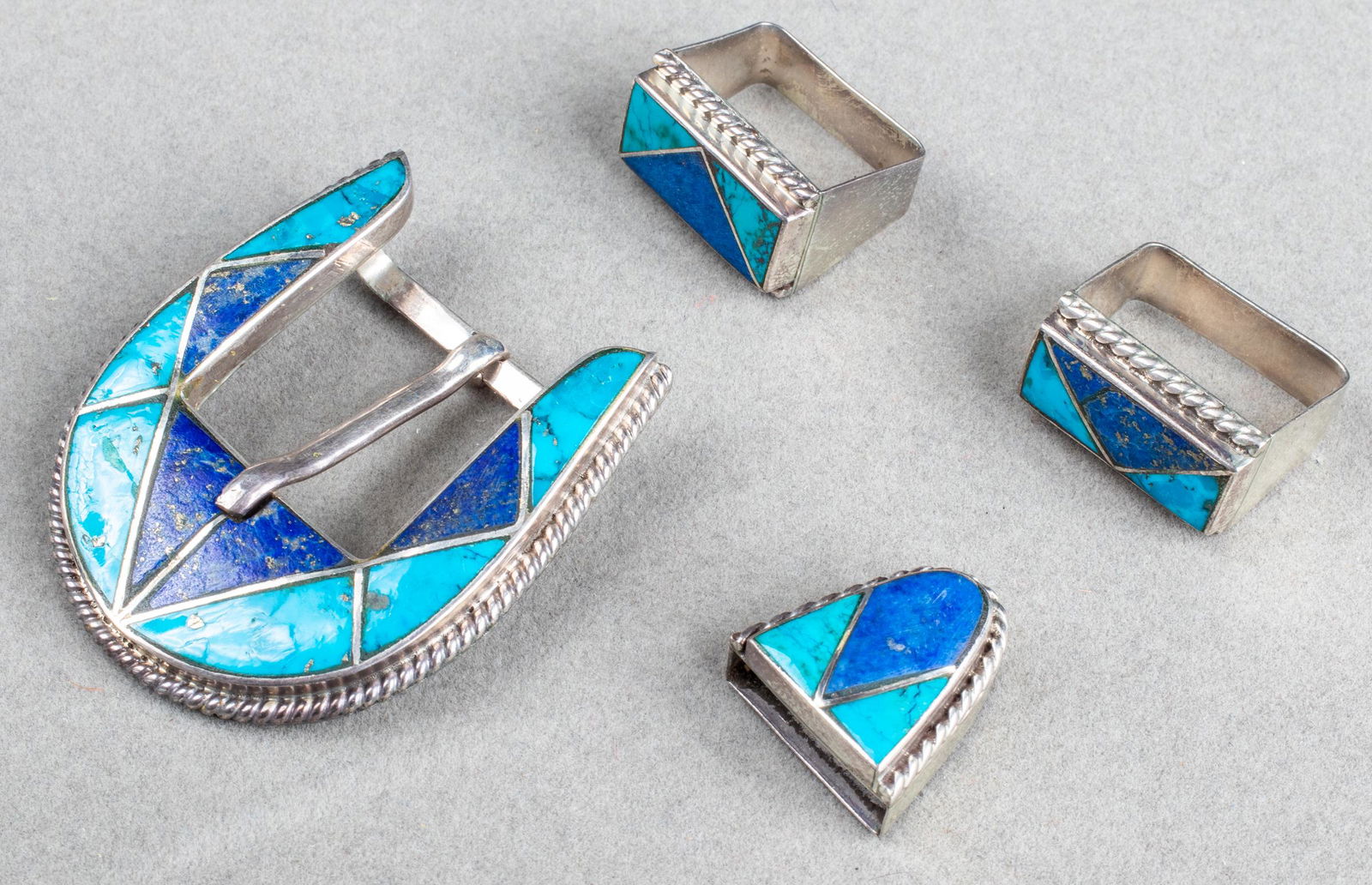 Navajo Silver Turquoise & Lapis Belt Buckle 4 Pcs. (1 of 6)