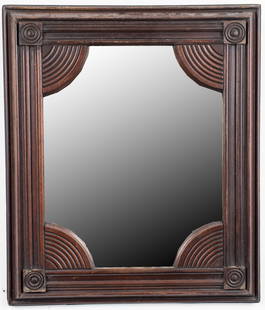 Beveled Mirror in Arts & Crafts Wood Frame: Shaped beveled mirror in arts and crafts wood frame. 19" H x 16" W x 1" D. Foxing in mirror.