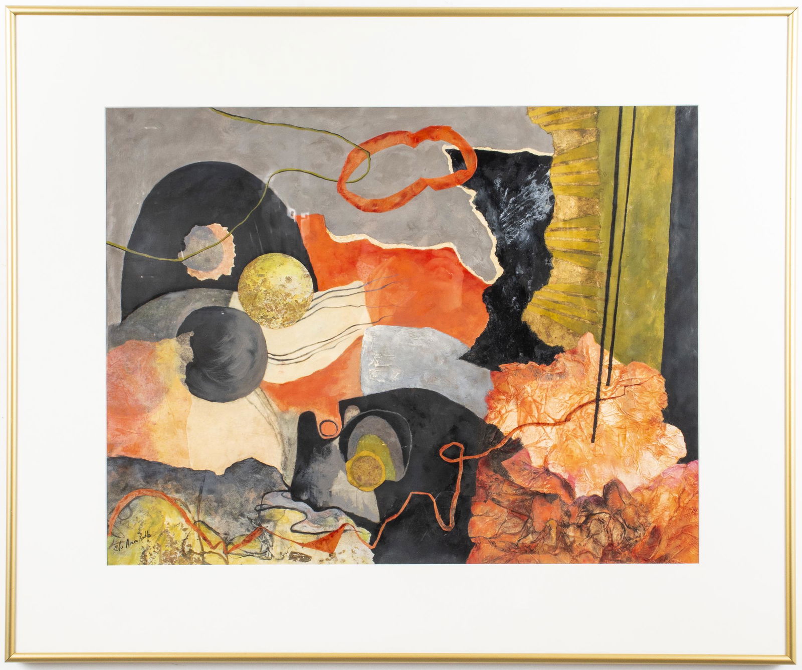 Clo Ann Rabb Mixed Media Oil, Paper Collage: Signed lower left. Image: 17" H x 22" W; frame: 24.5" H x 29.5" W x 1" D.