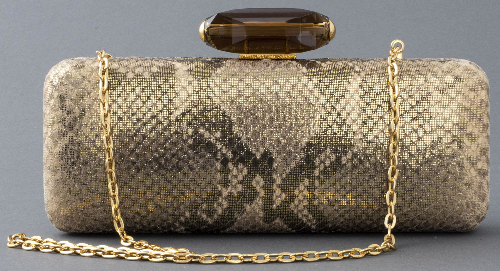 Judith Leiber Gold Tone Python Print Handbag