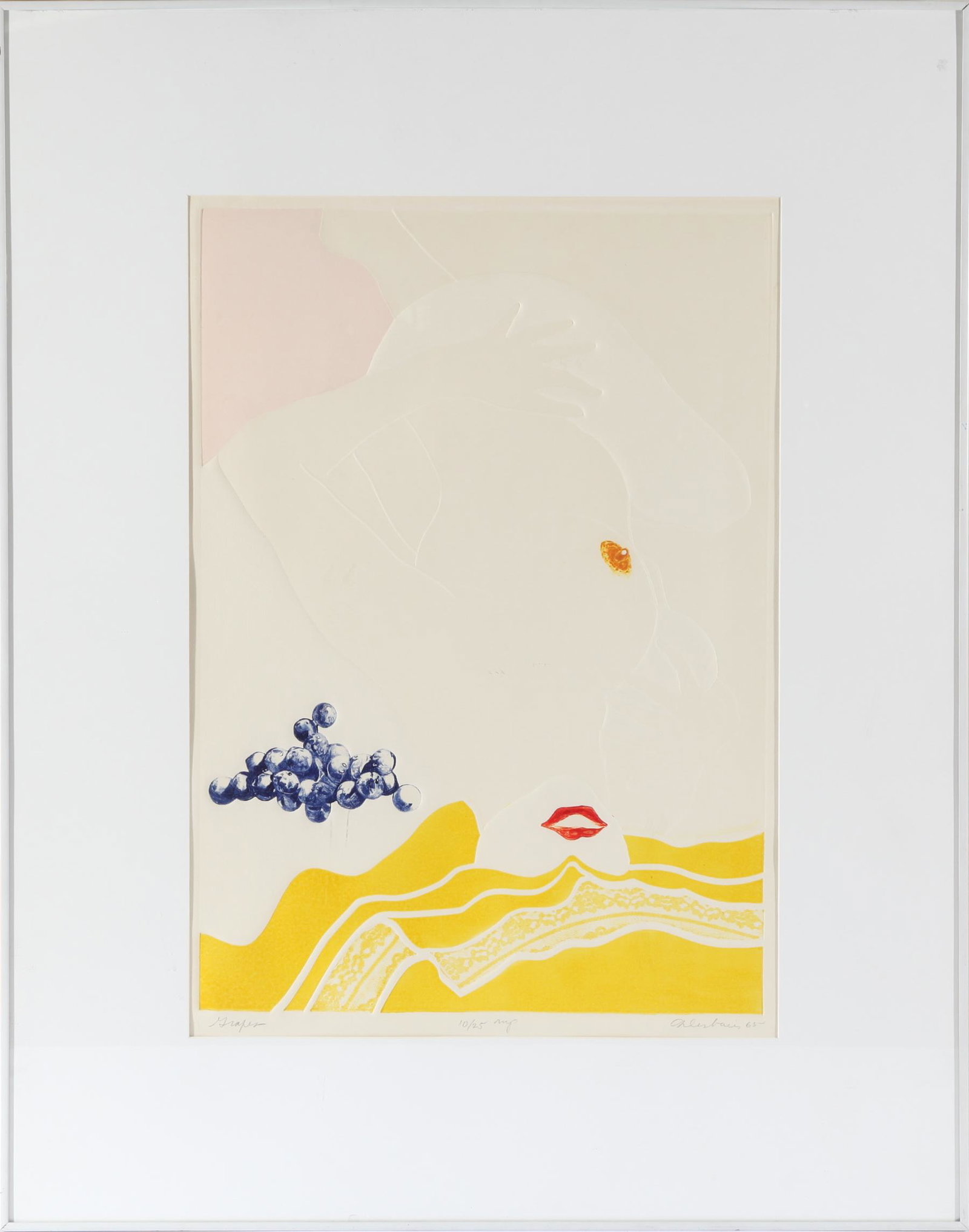 Illegibly Signed Pop Art "Grapes" Aquatint: Modern "Grapes," circa 1965, signed lower right (indistinct) and "65", numbered 10/25 lower center, titled "Grapes" lower left, artist proof. Image: 26" H x 18.5" W; frame: 38" H x 30.25" W.