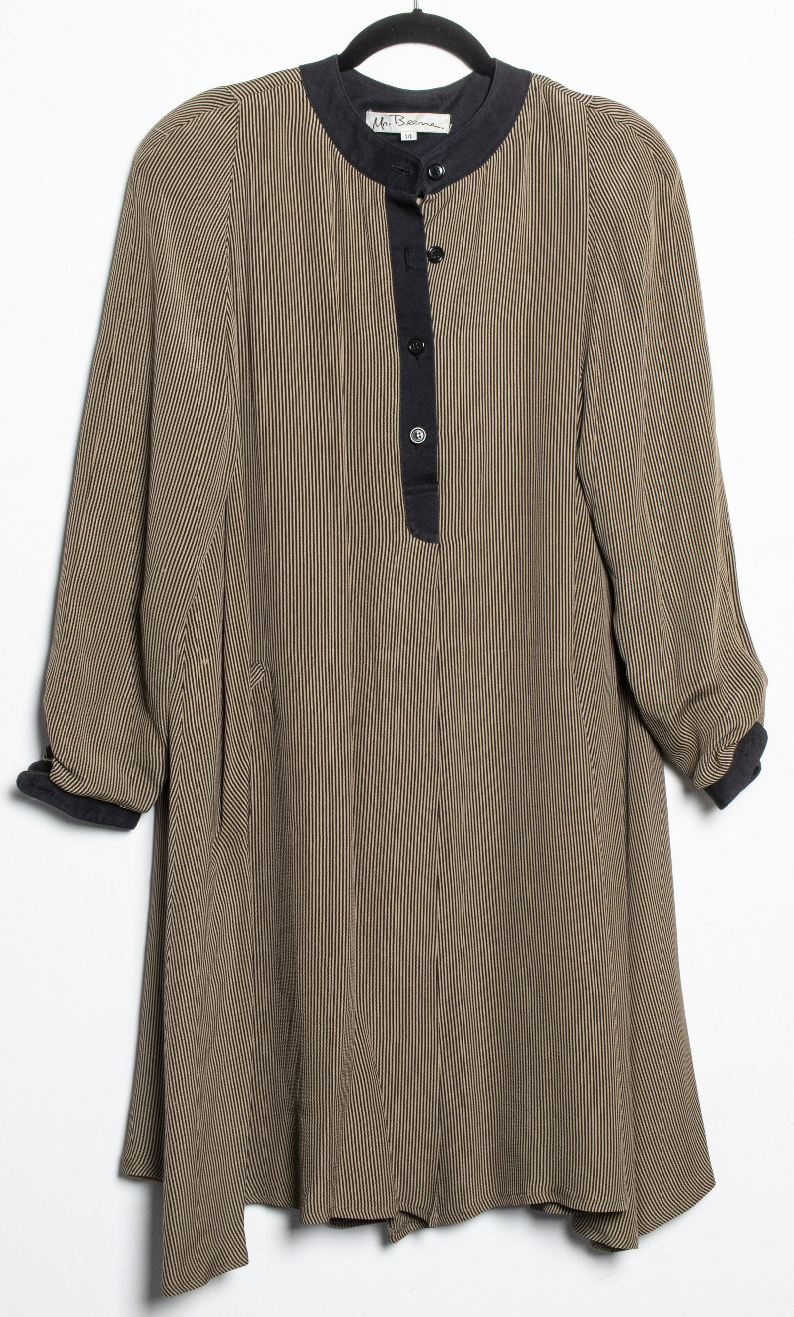 Mr. Beene Geoffrey Beene Striped Dress, Size 14: Vintage Mr. Beene lined, long sleeve, rayon-blend black and brown striped collarless dress / tunic with slit pockets. Approx. length 39", shoulder 26", bust 46", sleeve 24".