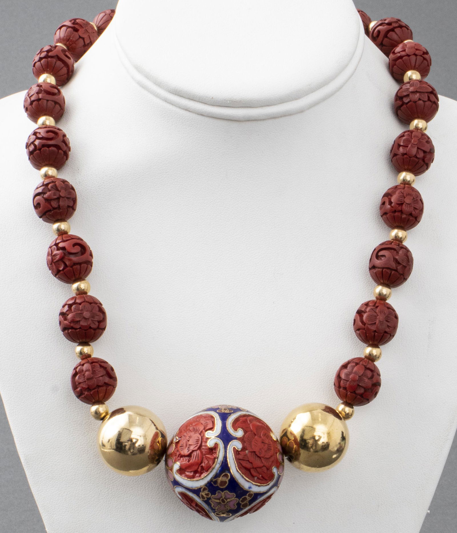 Chinese Cinnabar, Cloisonne, & Gold-Tone Necklace (1 of 5)