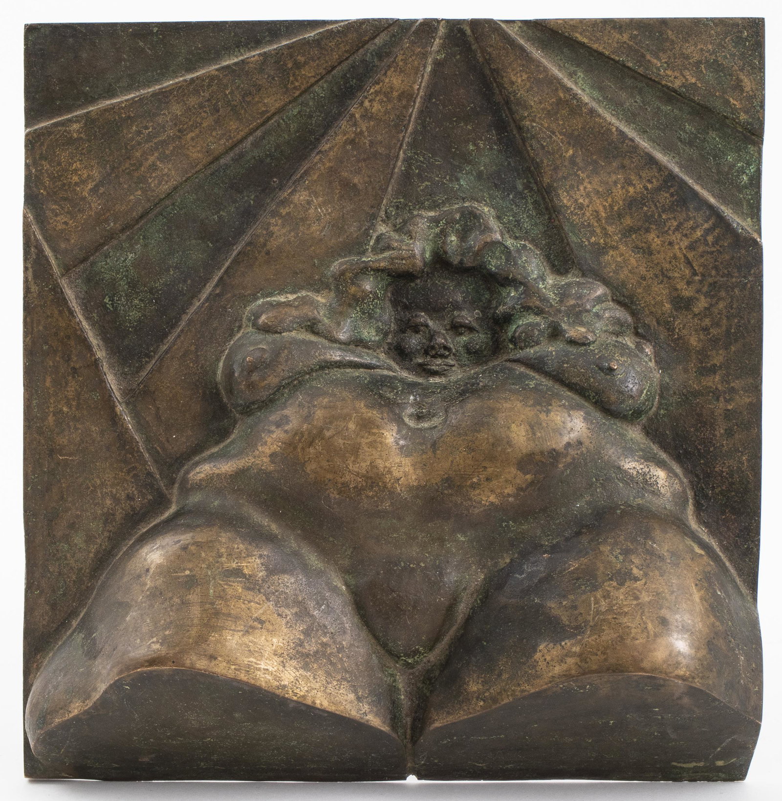 Bronze Wall Plaque of Voluptuous Female Form: Bronze sculptural wall plaque of voluptuous female form. 9.25" square.