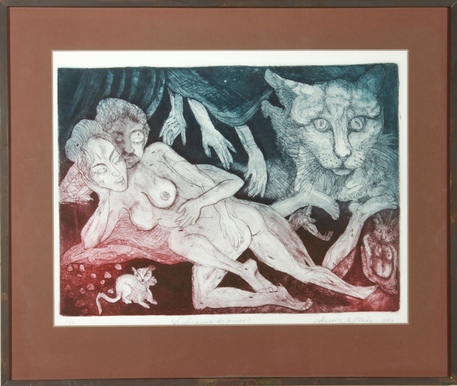 Aurora Estrada "Deliquio de Amor" Etching on Paper: Aurora Estrada "Deliquio de Amor," depicting reclining lovers surrounded by animals, signed and dated in pencil lower right "Aurora Estrada 1984," edition number 1/10, etching on paper. Image: 12.25" 