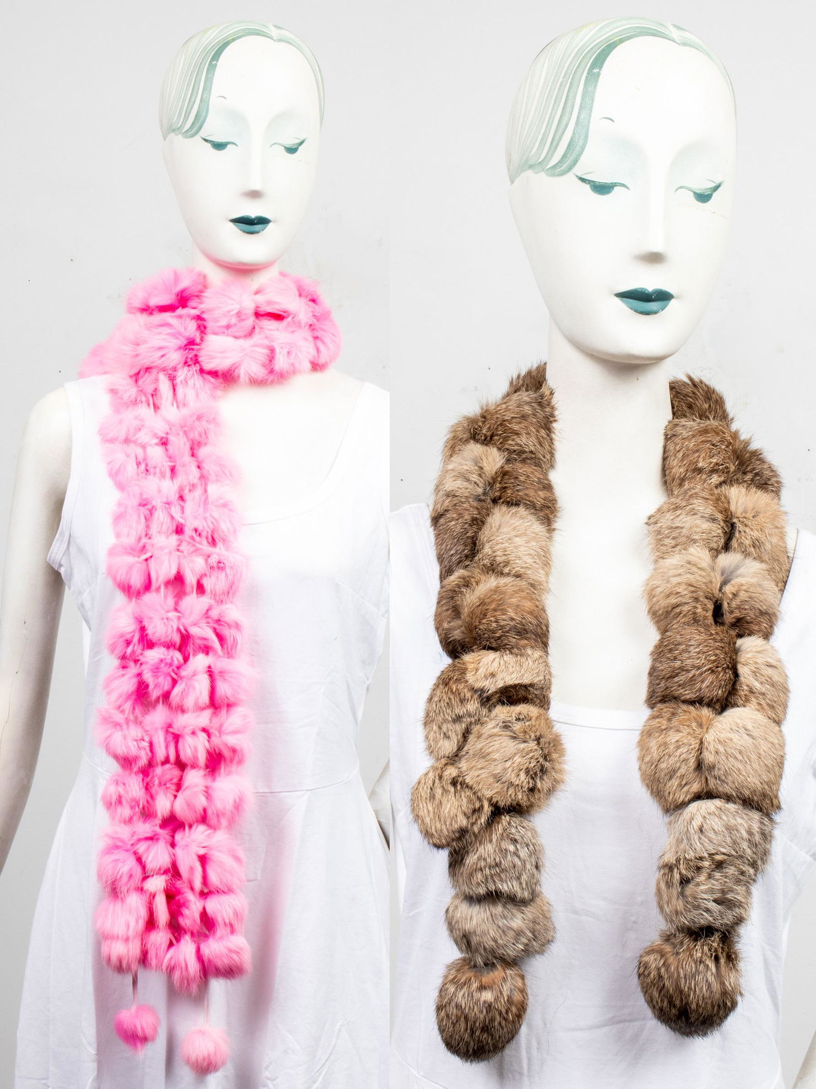 Rabbit Fur Pom Pom Scarves, 2 Pcs. (1 of 6)