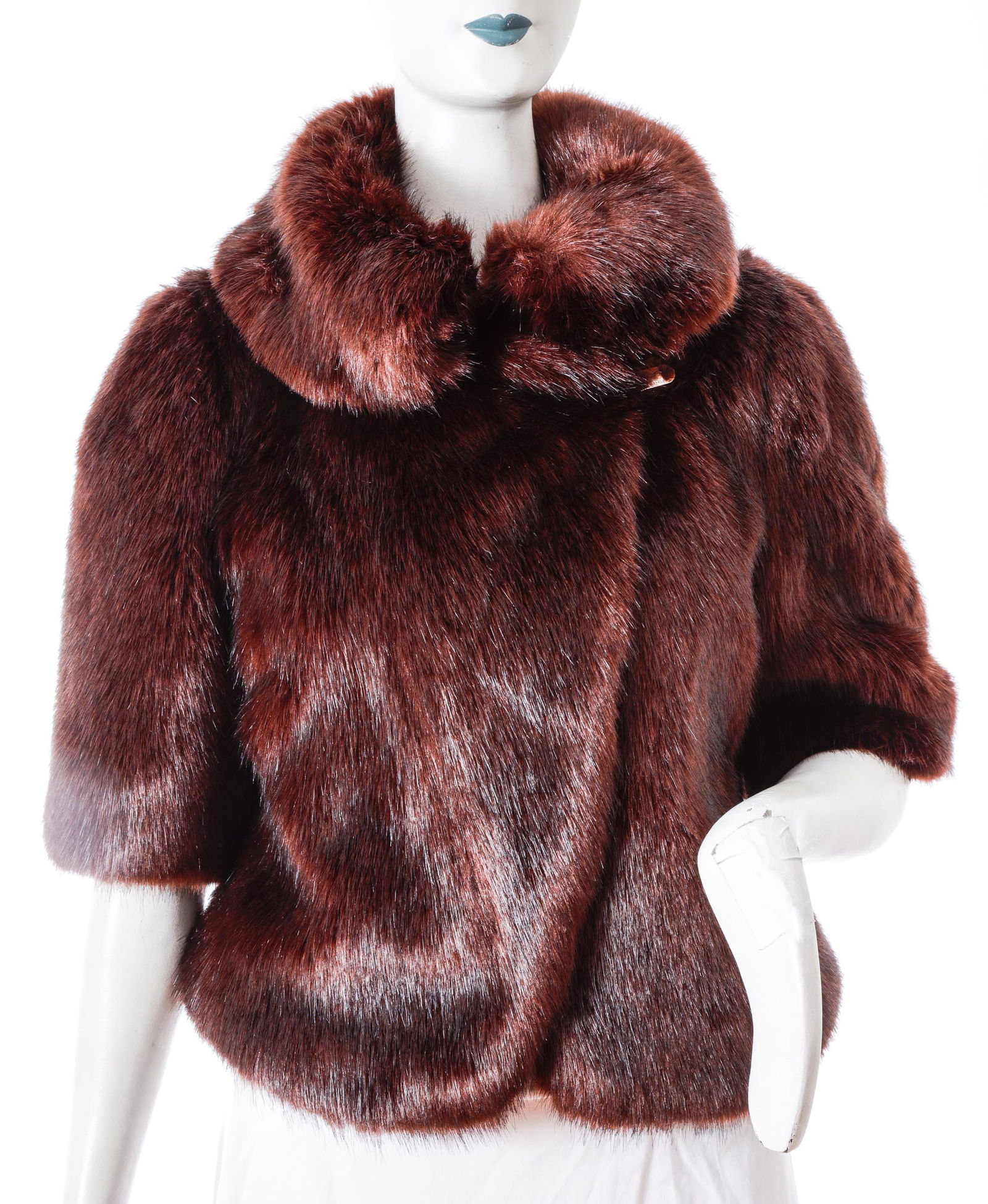 Ted Baker Faux Fur Coat / Jacket: Ted Baker faux fur coat / jacket with single hook-and-loop closure, the lining with printed collage of vintage illustrations, with original retail tags attached. Collar to hem 23”, across shoulders