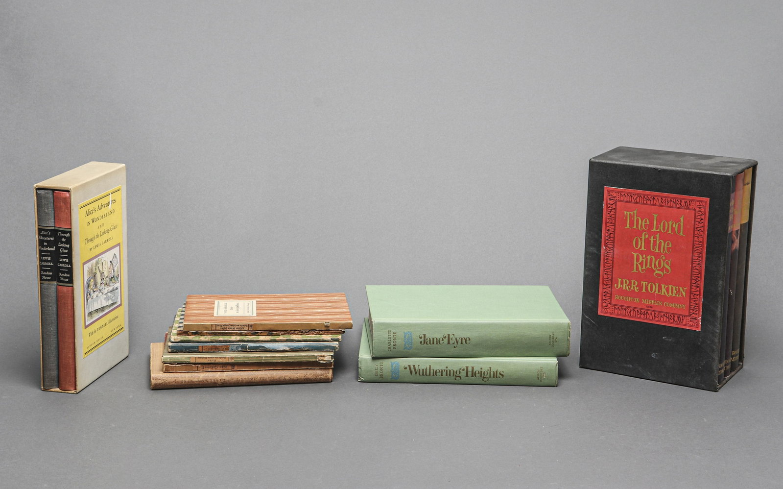 Group Of Books On Literature, 13: including Alice's Adventures in Wonderland by Lewis Carroll, Return of the King & Fellowship of the Ring by J.R. Tolkien, Jane Ayre & Wuthering Heights by Charlotte Bronte, and others. Largest 12" x 9