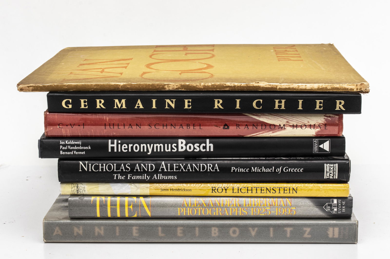 Group Of Books On Art And Artists, 8: including Hieronymus Bosch, Julian Schnabel, Annie Leibovitz, Roy Lichtenstein, Germaine Richier and others. Largest 14" x 11". Wear, writing, toning.