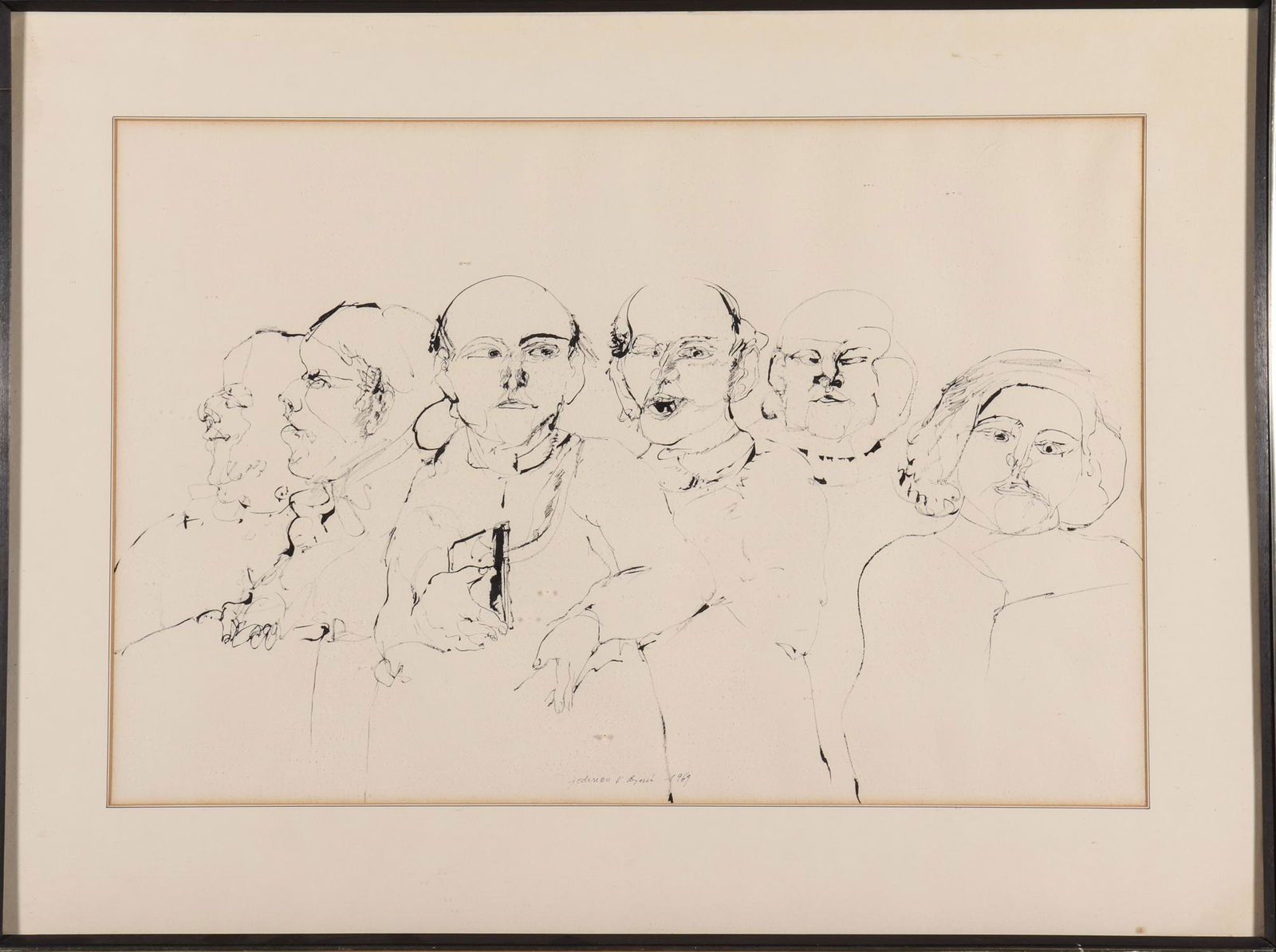 Illegibly Signed Ink Drawing of Multiple Figures (1 of 2)