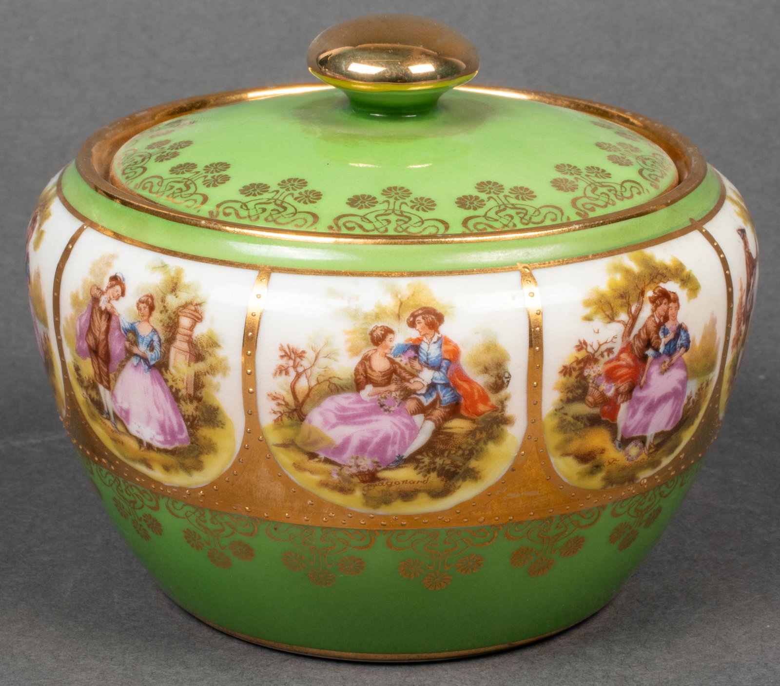 Bavarian Hutschenreuther Porcelain Covered Bowl: Hutschenreuther Selb porcelain bowl and cover, gilt decorated throughout on a green ground around portraits of courting couples in 18th century attire after Fragonard, base marked "Hutschenreuther / S