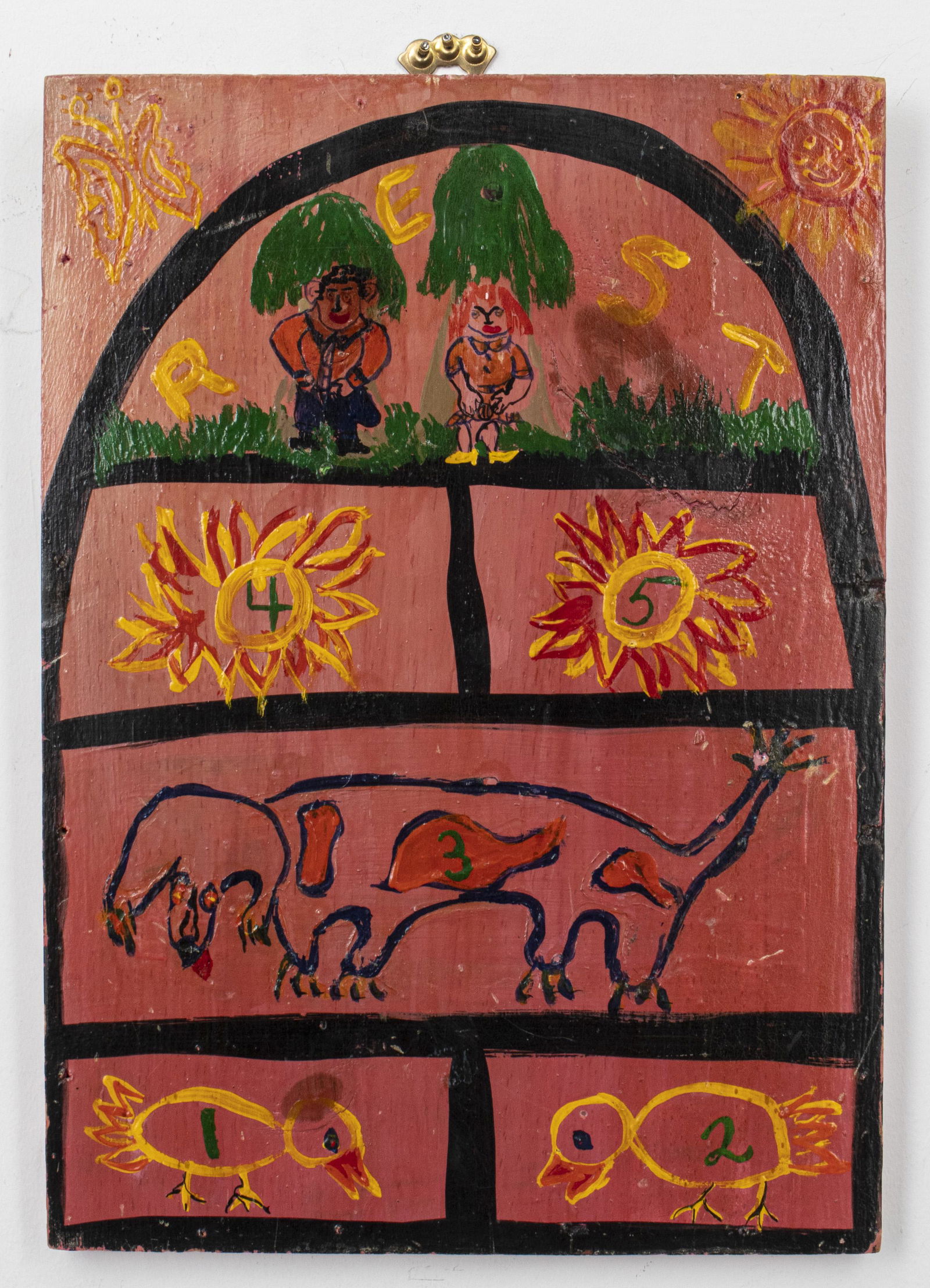 "Hopscotch" Folk Art Polychrome Painted Panel (1 of 5)