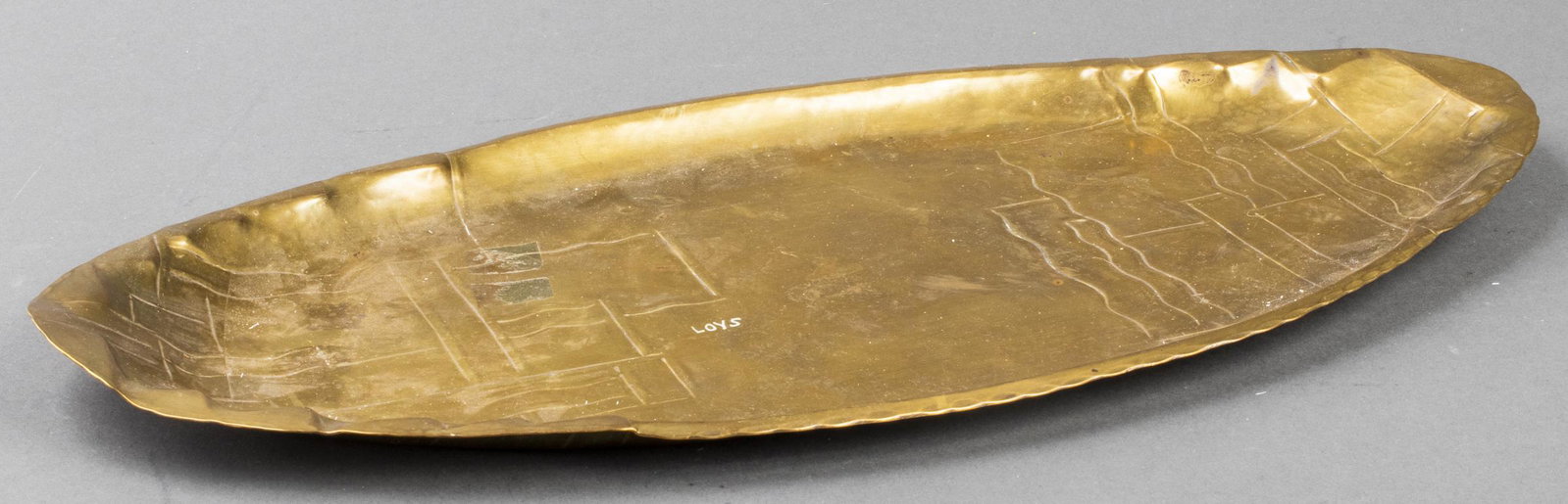 Loys French Art Deco Brass Tray, Vintage: Loys French art deco vintage brass tray. Incised with maker's mark to front and underside. 1" H x 16" W x 8" D. Some marks noted.