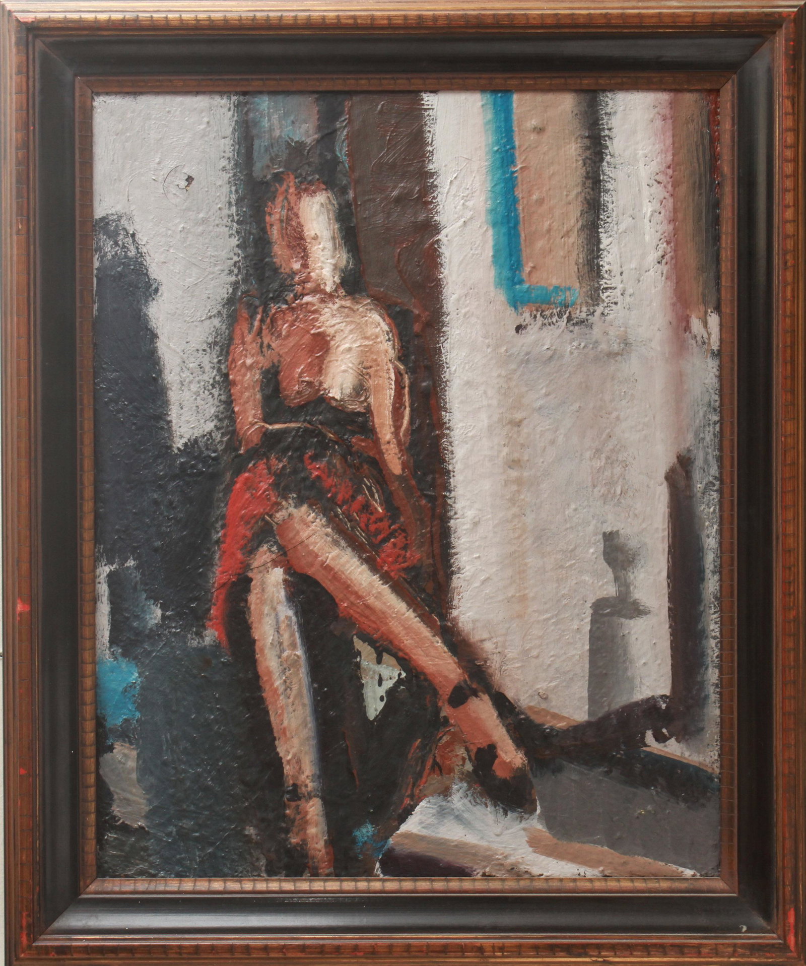Anthony Martino "Model in Studio" Oil on Canvas: Anthony Martino (American, XX) "Model in Studio," depicting abstracted seated figure, paper label attached to reverse with artist, title, and other information, oil on canvas. Image: 19.25" H x 15.25"