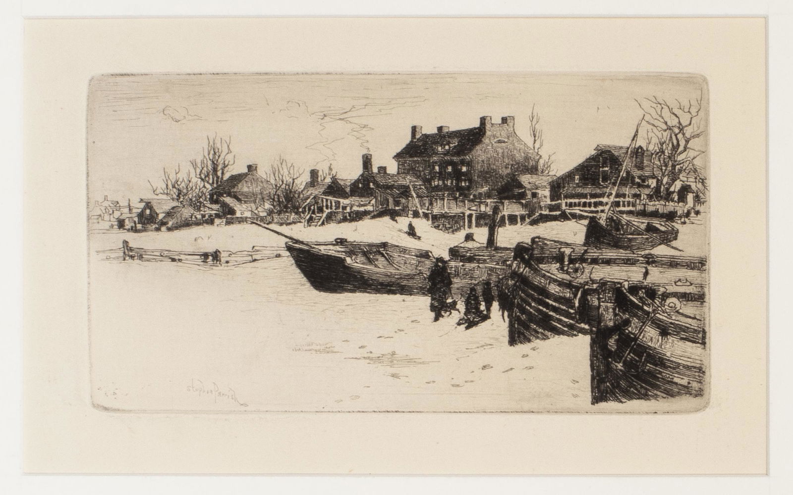 Stephen Parrish "Trenton-Winter" Etching: Stephen Parrish (American, 1846 - 1938), "Trenton - Winter," etching on paper, signed in print with additional signature in pencil lower right. Image: 4" H x 6.5" W; sheet: 9.25" H x 12" W.